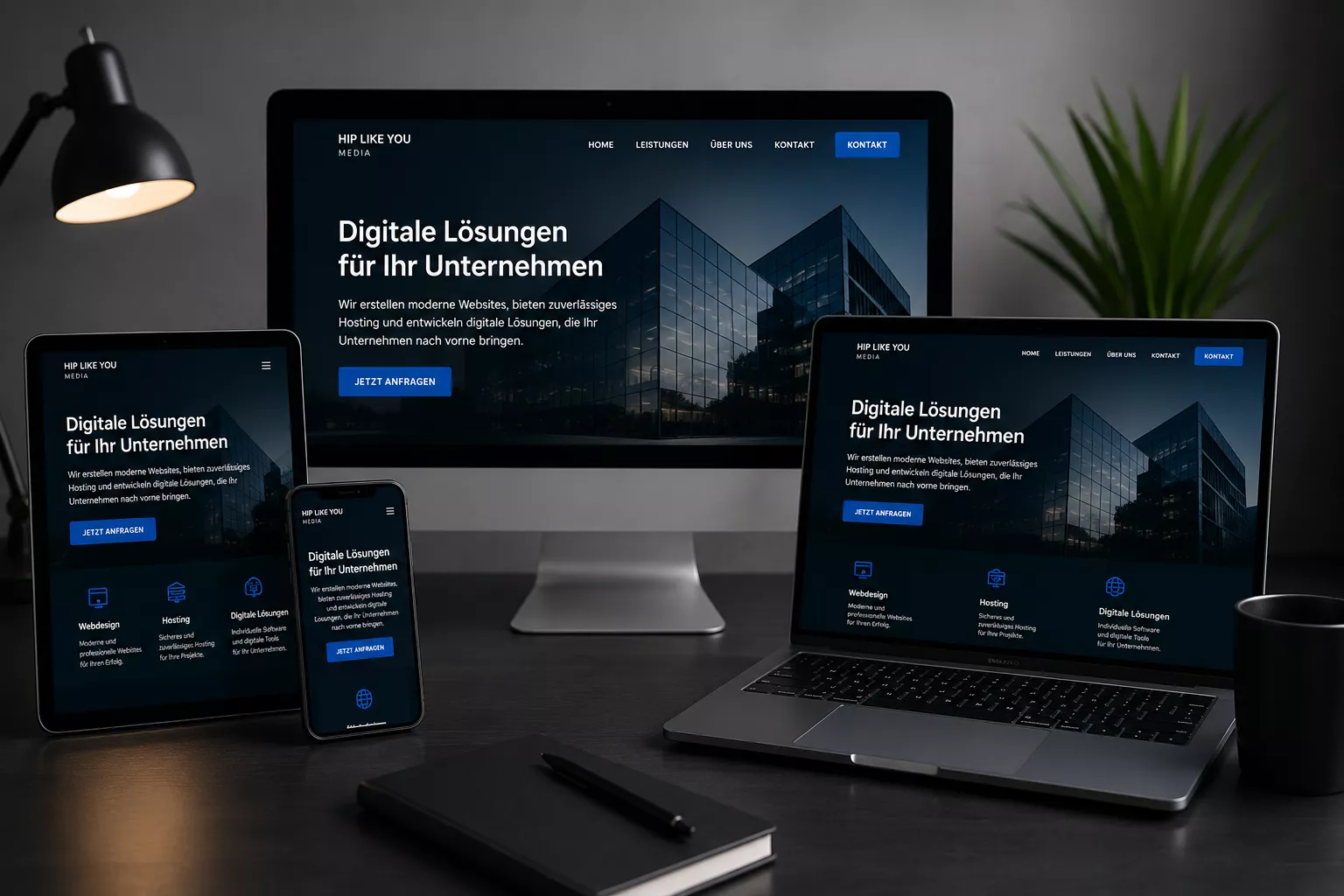 Responsives Webdesign von Hip Like You Media – moderne Unternehmenswebsite optimiert für Desktop, Tablet und Smartphone.